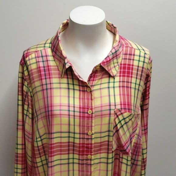 Torrid Pink and Yellow Plaid Button Down Shirt - Picture 2 of 13